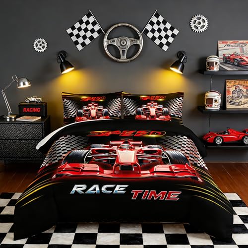 UEVBF Red Race Car Bedding Comforter Set Twin Size Black White Checkered Racing Flag Comforter Set Race Car Room Decor for Kids Boys Cool Sports Themed Bedding Sets with 2 Pillowcases.