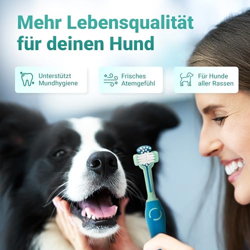 emmi-pet Zahnpflegeset für Hunde - 1x3köpfige Hundezahnbürste mit 1x Hundezahnpasta und 2x Fingerzahnbürste (Blau, Erwachsene - Senioren)