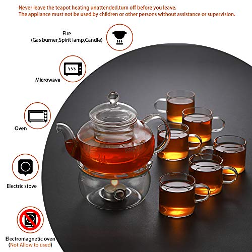 Glass Teapot With Infuser-27Oz Tea Set With 6 Teacups,Tea Warmer,Removable Loose Glass Tea Infuser,Borosilicate Glass For Stovetop & Microwave Safe,Tea Kettle For Blooming Loose Leaf Tea,Tea Maker #TOP2