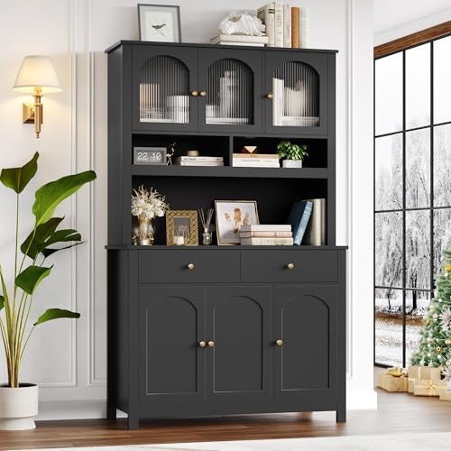 FINETONES 72 Kitchen Pantry Storage Cabinet Kitchen Hutch Food Pantry Cabinet with Microwave Stand Kitchen Pantry Hunch Cabinet with Storage and Adjustable Shelf for Kitchen Dining Room Black