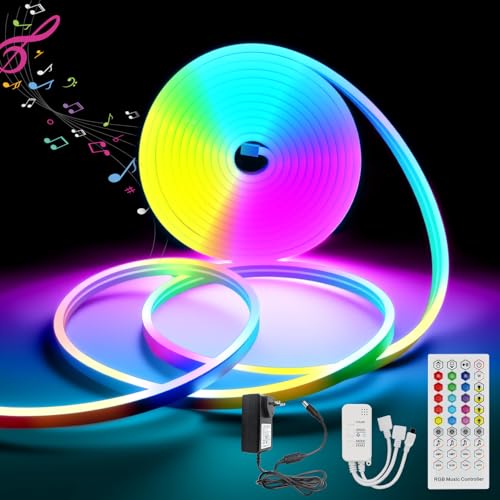 FWoche Neon LED Strip RGB 5M 12V IP65 wasserdicht LED Streifen mit Bluetooth App und Fernbedienung Musik Sync Flexibel Silikon Lichtband Magic Color für Außen Wohnzimmer Schlafzimmer Wand