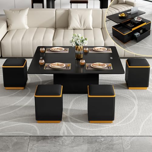 Holaki Lift Top Coffee Table, Modern Center Table with 4 Storage Ottoman Stools and Foldable Top for Living Room(Black)