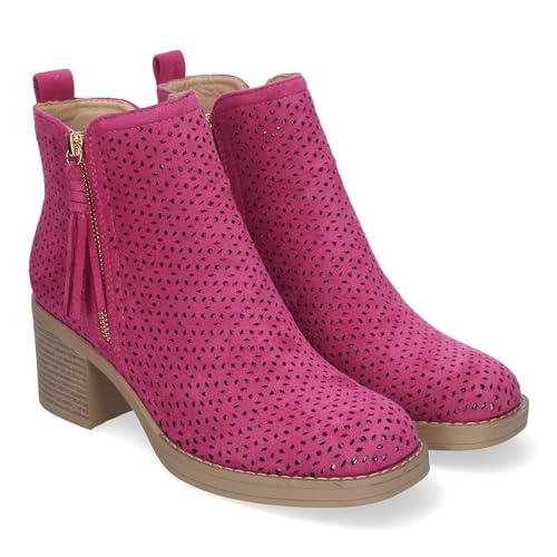 shoes&blues.es 83783 Botines de Mujer Primavera Verano Elegantes y Comodos con Tacon Ancho, Diseno Perforado con Doble Cremallera Lateral con Fleco, Ideal para Cualquier Ocasion. Fucsia Talla 38