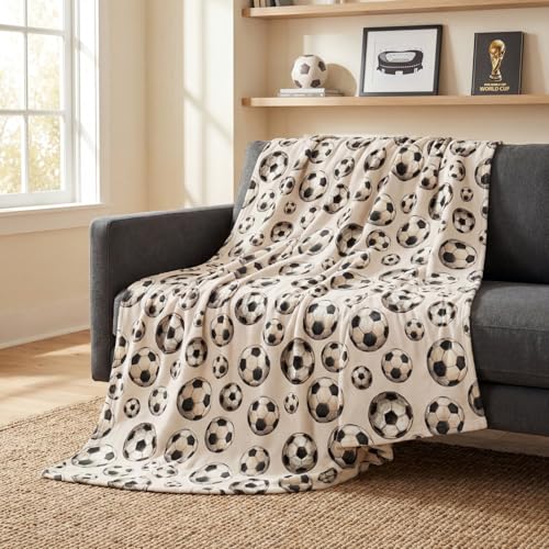 Horaldaily Soccer Flannel Blanket Throw, Soccer Sports Ball White Soft