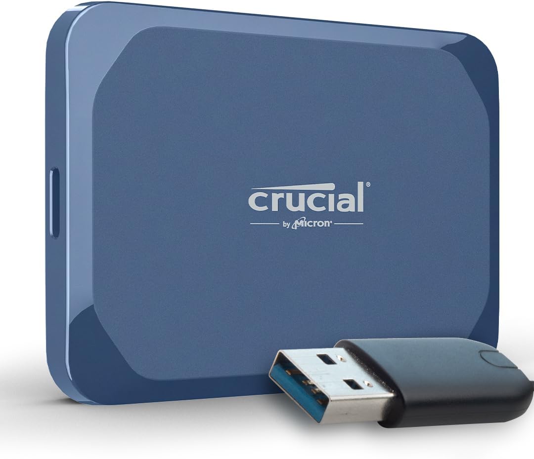 Crucial X10 1TB External Portable SSD Drive with USB-A Adapter - Up to 2100MB/s, USB-C 3.2 Gen2, IP65 Dust and Water Resistant, External Solid State Drive, Matte Blue - CT1000X10SSD9-02