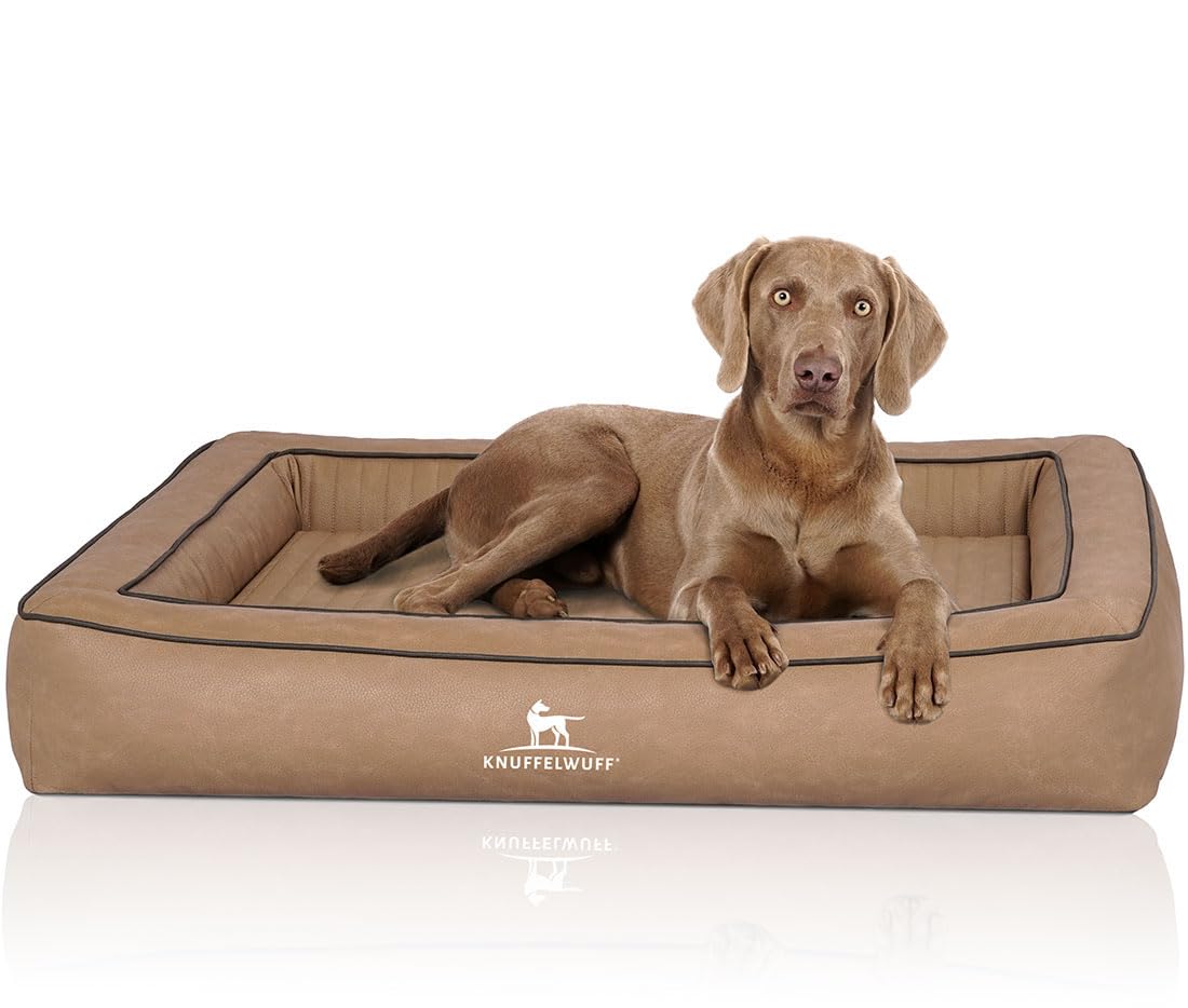 Knuffelwuff Orthopädisches Hundebett aus Laser gestepptem Kunstleder Montego M-L 85 x 65cm Camel
