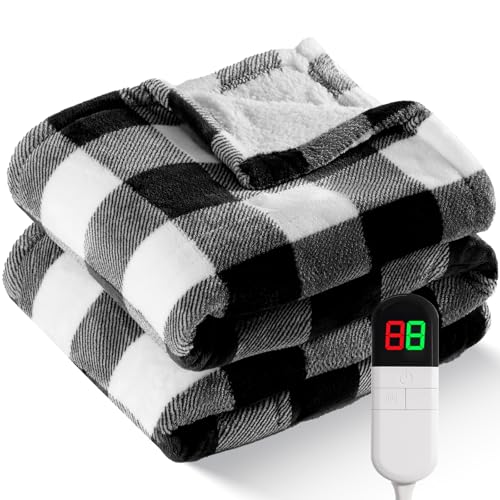Electric Heated Sherpa Buffalo Plaid Christmas Throw Blanket with 8