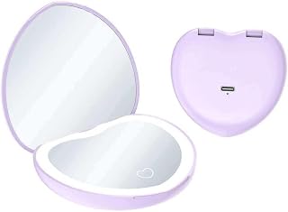 Purple LED Lighted Travel Makeup Mirror, 1X/2X Magnifying Compact Mirror with 3 Color Lights, Dimmable, USB Type-C Rechargeable, Folding Portable Handheld Mirror for Purse, Heart Shape