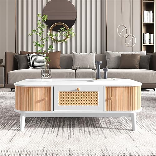 Table basse rotin blanc 110 cm avec tiroirs Sweiko