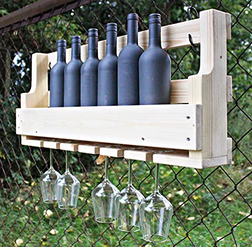 Cantinetta in legno da parete – con porta bicchieri – naturale – già montata – Scaffale per bottiglie di vino e bicchieri di vino (90 cm)