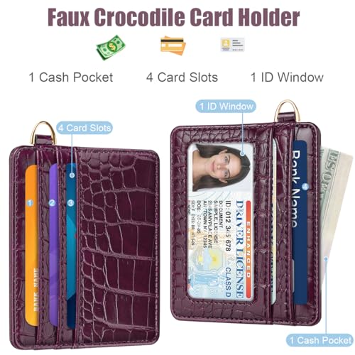 Image of Slim Credit Card Holder Crocodile Wallet Women Thin Wallets | Alligator Print RFID Blocking Minimalist Lightweight Pocket Small Cute Cards Holders ID Window, Plum Croc