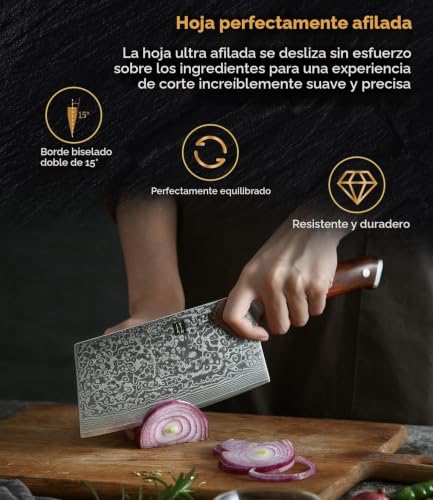 Miniatura 3 de Xinzuo Cuchillo Asiático Acero De Damasco, 18cm Cuchillo De Cocina Chino,Profesional Cuchillo De Carnicero,Afilado Hachas De Cocina Cuchillo Para Verduras,Con Rosewood Mango - Yu Serie