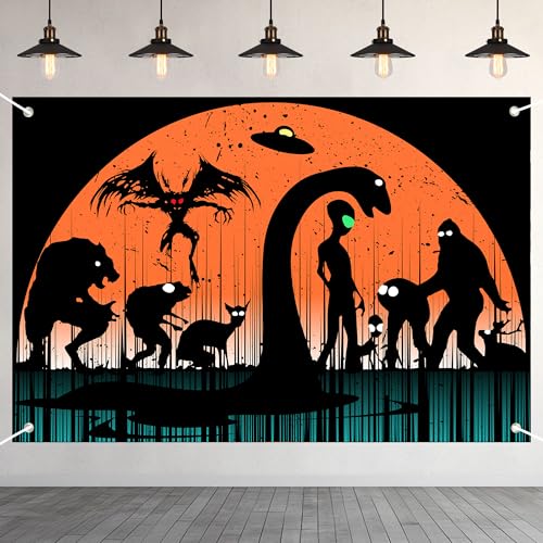Mysterious Creatures Silhouette Backdrop Banner - Bigfoot, Werewolf, Mothman, Alien UFO & Loch Ness Monster Design for Halloween Photography, Studio Background, Scary Party 72x43 Inch