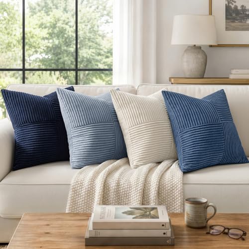 Image of MIULEE Coastal Dustyblue Decorative Throw Pillow Covers 18x18 Inch for Couch Bed Sofa Pack of 2 Summer Boho Farmhouse Throw Pillows Soft Cross Corduroy Patchwork Textured Cushion Cases