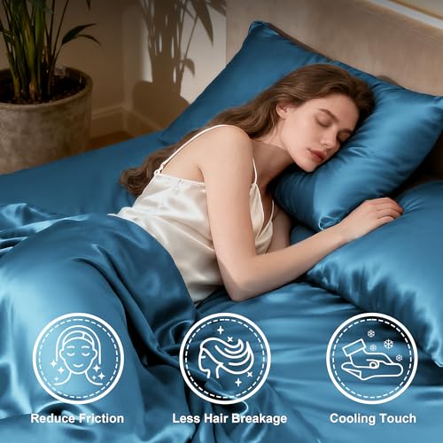 Image of Love's cabin Full Size Satin Sheet Sets - 4 Piece Teal Silky Satin Sheet Set Full with Deep Pocket, Luxury Silk Feel Satin Bed Sheets Full Bedding Set (1 Flat Sheet,1 Fitted Sheet,2 Pillow Cases)