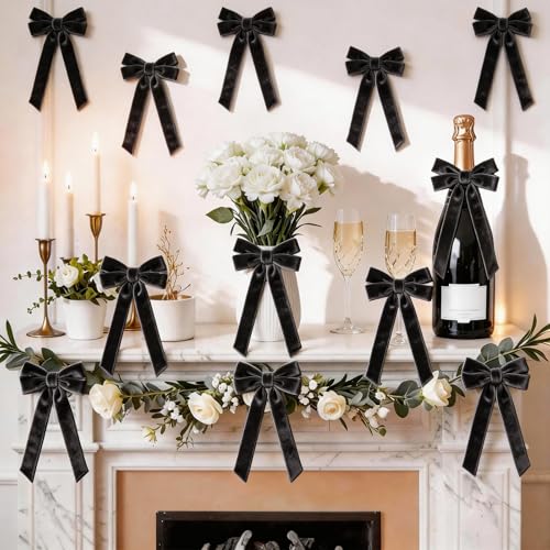 12 Pcs Black Velvet Bows 5 x 10 Inch Black Ribbon Bows for Girls Women Gothic Room Decor Bachelorette & Bridal Shower Decorations Aesthetic Pre-Tied Bow for Elegant Wedding Birthday Party Decor
