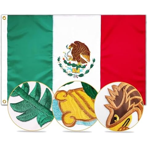 Mexican Flag 3x5, Mexico Flag,Mexico Embroidered Flag Double Stitched,Mexico 3x5 Heavy Duty Outdoor Flag,Polyester Nylon Mexican Flag 3x5,Mexican Waterproof and UV-Resistant Flag,Mexican Flag Outdoor With Brass Grommets Cover