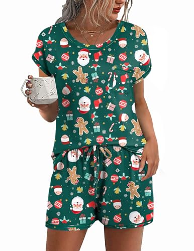 Image of Ekouaer Womens Pajama Sets 2 Piece Soft Short Sleeve Top and Shorts Sleepwear Round Neck Pjs Lounge Set with Pockets Green Christmas Small