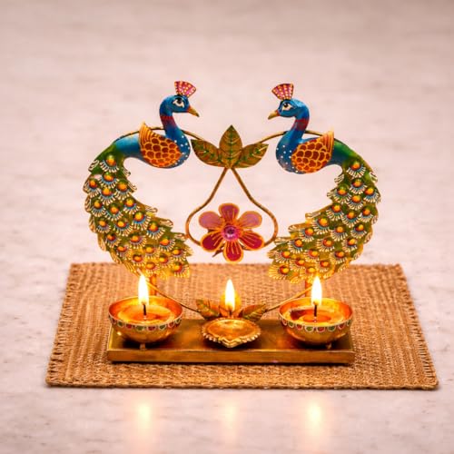 Image of CraftVatika Metal Peacock Tealight Candle Holder for Home Decor Living Room, Diya Stand Holders,Gift Item for Home Office Festival Diwali Christmas, House Warming Ceremony, Corporate for Employees
