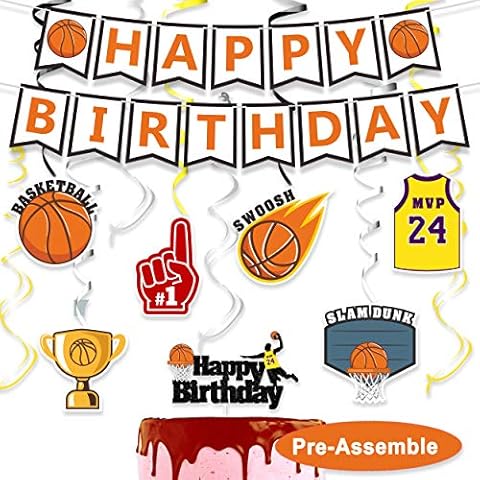 wongmode Basketball Birthday Decorations Set - Happy Birthday Theme Swirls Streamers Garland Banner and Cake Topper Party Supplies Cover
