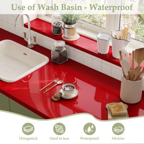 Image of HOME13 Glossy Red Wallpaper Peel and Stick Kitchen Cabinet Wallpaper Counter Contact Paper Self Adhesive Shelf Liner Waterproof Shiny Red Wall Paper (24x86 Inch)