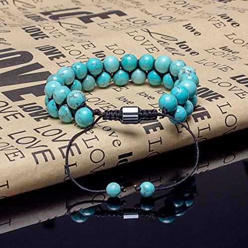Addmluck Natural Blue Turquoise Bracelet For Women Mens Healing Crystal Stone Beads Cuff Double Strand Adjustable Woven Bracelets(Turquoise) #TOP2