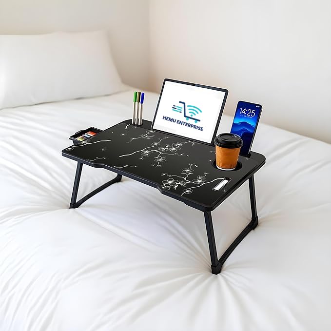 Image of Smart Multipurpose Foldable Laptop Table with Cup Holder, Study Table, Bed Table, Breakfast Table, Foldable and Portable /Ergonomic & Rounded Edges /Non-Slip Legs (Black Flower)