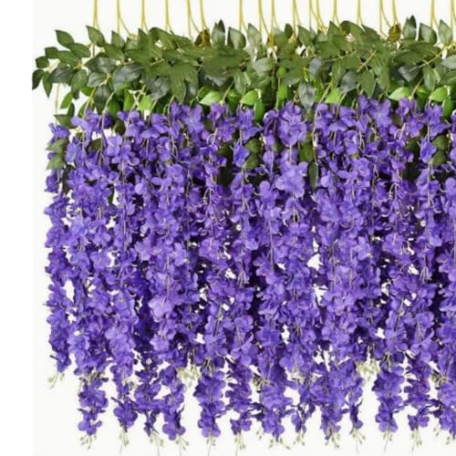 Künstliche Glyzinien-Blumen-Girlande, 100 cm, Seidenblumen, hängende Rebe für drinnen und draußen, Haus, Garten, Weihnachten, Hochzeit, Party, Dekoration, Violett, 12 Stück