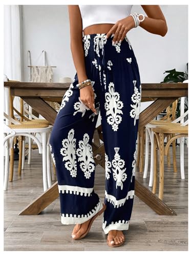 WDIRARA Women's Boho Floral Print Wide Leg Pants Smocked Drawstring High Waisted Trousers4