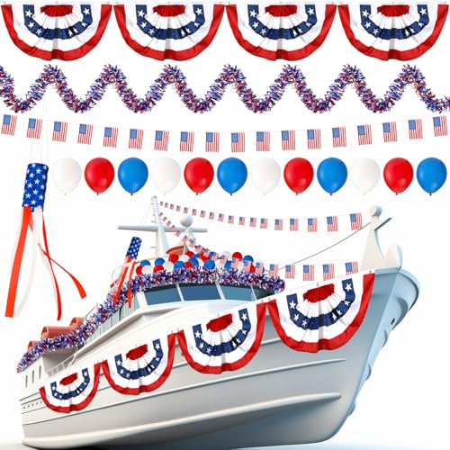 Foilswirl 57 Pcs 4th of July Boat Decoration American Flag Windsock Pleated Fan Patriotic Float Parades Kit Red White Blue Banner Balloons for Independence Day Golf Cart Porch 250th Anniversary Decor
