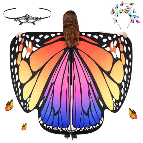 Aomig Ailes de Papillon Adulte Cape, 3Pcs Déguisement Papillon Cape Papillon Ailes avec Bandeau et Masque, Costume Papillon Adulte pour Femme Halloween Noël...