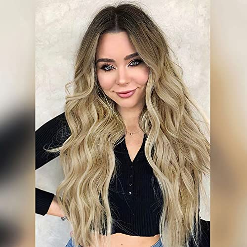 Earfodo Ombre Blonde Wig for Women Long Wavy Curly Wigs Natural Looking Heat Resistant Synthetic Wigs for Daily Use