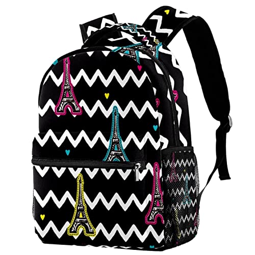 Sac à dos de voyage motif Tour Eiffel noir et blanc avec porte-bouteille pour loisirs campus