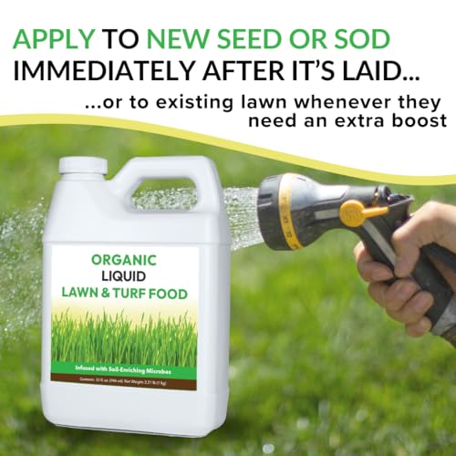Image of Organic Liquid Lawn & Turf Food - Quickly Rejuvenates Lawn Health and Restores Rich Green Colors to Depleted Grass | Infused with Soil Enriching Microbes (32oz, 2 Pack, Treats Up to 10,000 Sq. Feet)