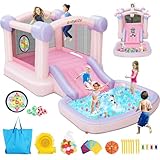 AKEYDIY Pastel Dream Bounce House for Kids 3-10, 161x82x63 inch Water Bounce House w/Slide,Ball Pit/Pool, Pink Bounce House UL Blower &50 Plastic Balls, Water Slide Bounce House Outdoor Backyard