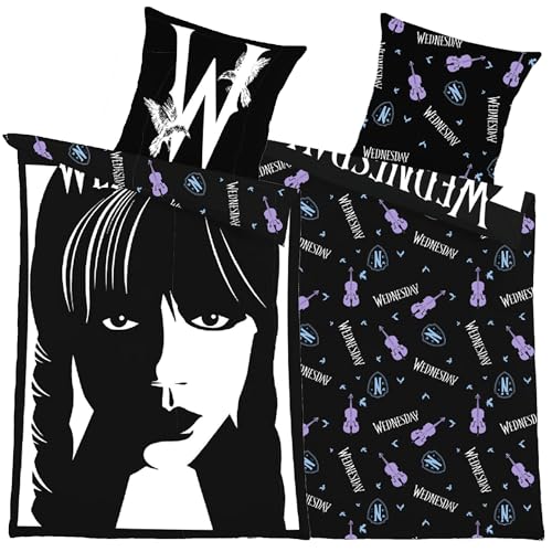 Wednesday Bettwäsche Set 135x200 + 80x80 cm - 100% Baumwolle Linon / Renforcé - Kinder-Teenager-Bettwäsche 2-teilig YKK Reißverschluss - Addams Family Serie Gothic Design schwarz-weiß deutsche Größe