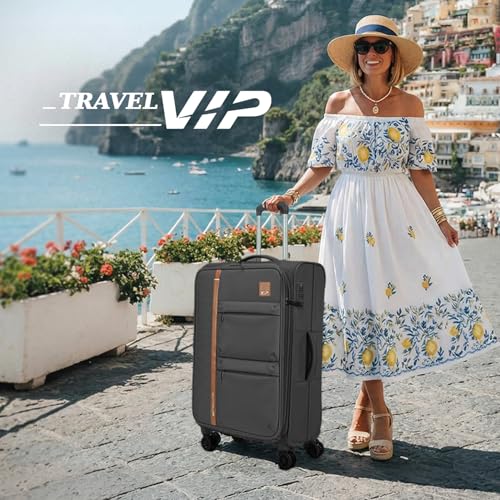 Image of VIP Grande 8 Wheel Check-in (Medium Size) Soft Case Trolley Bag | TSA Lock | Expandable Polyester Luggage | 3 Year International Warranty | Anti-Theft Zipper | 70 CM Suitcase for Travel | Black