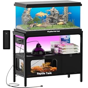 40 Gallon Fish Tank Stand with Reptile Tank and Power Outlet, Metal Aquarium Stand with Removable LED Light and Tortoise Habitat, Snake/Turtle Tank with Anti Escape Door, Acrylic Glass, Black