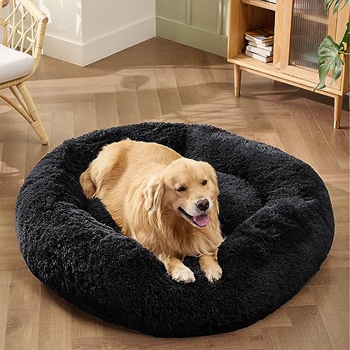 Image of Bedsure Calming Dog Bed for Extra Large Dogs - Donut Washable Large Pet Bed, 45 inches Anti-Slip Round Fluffy Plush Faux Fur Dog Bed, Fits up to 120 lbs Pets, Black