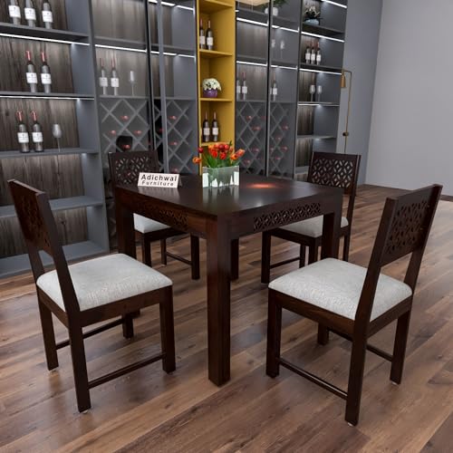 Image of Solid Sheesham Wood 4 Seater Dining Table Set with Cushioned Chairs for Dining Room | Living Room | Home & Office | Hotels Restaurant & Cafe (4 Seater, Walnut A)