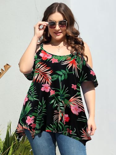 Image of LARACE Cold Shoulder Tops for Womens Summer Clothes Spaghetti Strape Tunic Oversized Shirts Asymmetrical Plus Size Blouse