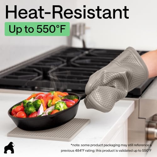 Image of GORILLA GRIP BPA-Free Soft Silicone Oven Mitts and Pot Holders Sets of 4, Heat Resistant Waterproof Cooking Gloves, Thick Cotton Lining, Flexible Gripping for Baking Grilling, Kitchen Trivets, Almond