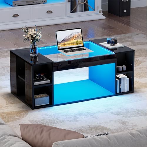 GQTYBZ Mesa de Centro Moderna Brillante con Luces LED, Mesa de Salón con Almacenamiento, Mesa de Café para Salón Ahuecada en el Medio, Tablero de Vidrio Templado