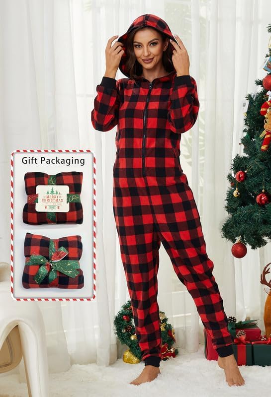 U2SKIIN Couple Onesie Pajama Sets, Hooded Zipper Christmas Matching Plaid Pjs Set for Men and Women Soft Warm Jumpsuit - Image 3