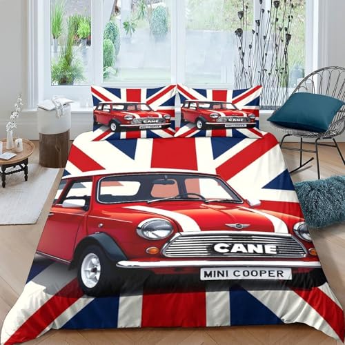 JCOUSDAEO Classique Car Linge de Lit 3 Pièces Microfibre résistante 3D Imprimée Respirante Vintage British Style Parure de Lit avec Fermeture Éclair Ultra Douce for Chambre à Coucher King（220x240cm）