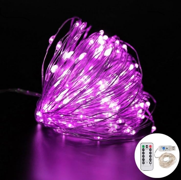 Volunx USB Pink Fairy Lights 2/5/10m Copper USB Plug in, String Light 8 Modes Copper Wire String Lights Remote Timer, Twinkle Firefly Bedroom Party Night Room Decorations Xmas (10m / 100LED)