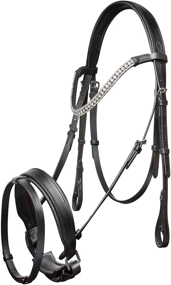 English Bridle Headstall Reins Leather Cowhide Genuine Horse Crossover Crossunder Raised Fancy Stitched Laced All Purpose Jumping Dressage Rubber Crystal Adjustable Browband Size:Full-Cob, M51
