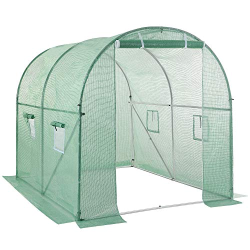 Preisvergleich Produktbild SONGMICS Foliengewächshaus, Gewächshaus, begehbares Gartenhäuschen, 250 x 200 x 200 cm, Treibhaus mit Tür, 4 Fenster, Tomatenhaus, Erdhaken, Outdoor, Garten, grün GWP022C01