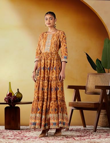 Image of BIBA Women Casual Dress Ankle Length Cotton Tiered Dress
