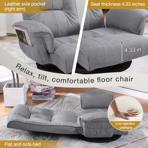 Image of Ergonomic Swivel Floor Gaming Chair with Armrests & Side Pockets, 6-Position Reclining Sofa Bed, Foldable Padded Lounger with Thick Cushion & Lumbar Support for Esports, Reading, TV Watching - Beige